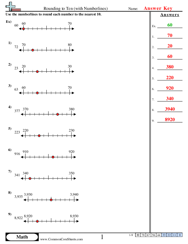  - Rounding to Tens with Numberline worksheet